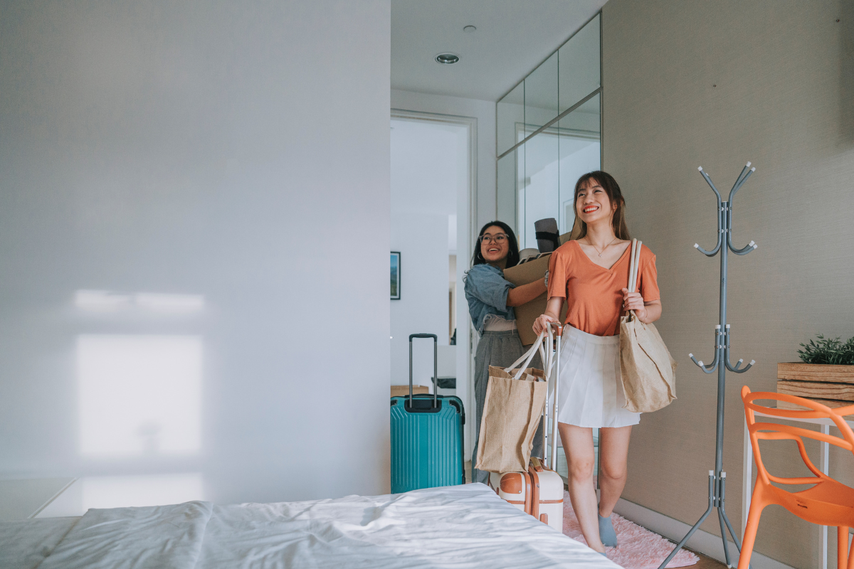 A colorful illustration of a college dorm checklist filled with essential items for freshman year.