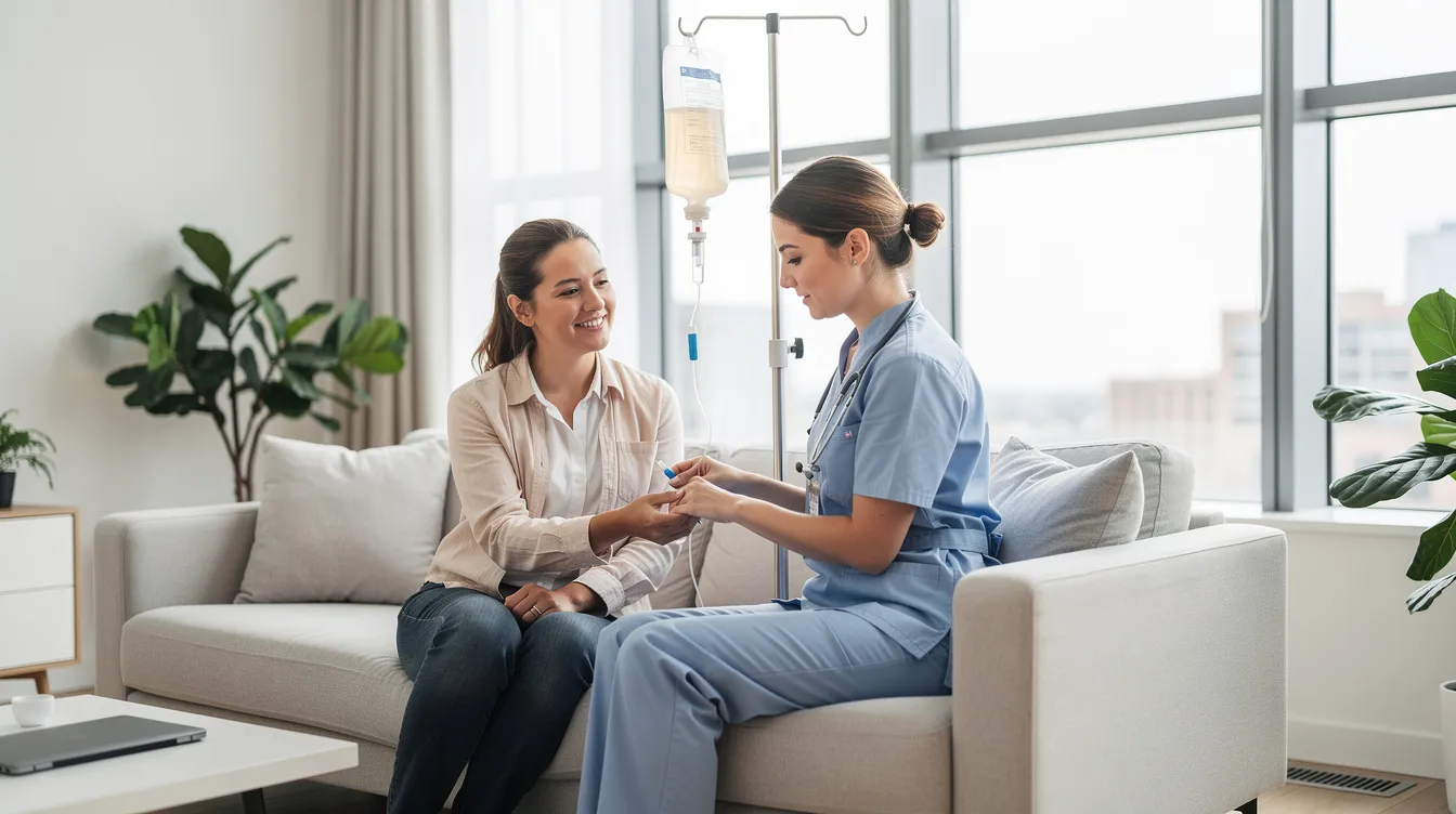 A licensed healthcare worker is administering an IV drip to a relaxed patient sitting comfortably on a sofa in a bright, modern apartment, showcasing the convenience of home doctor services in Dubai Marina. This scene highlights the importance of professional medical care and personalized treatment in a familiar environment, ensuring patient comfort and quality healthcare.