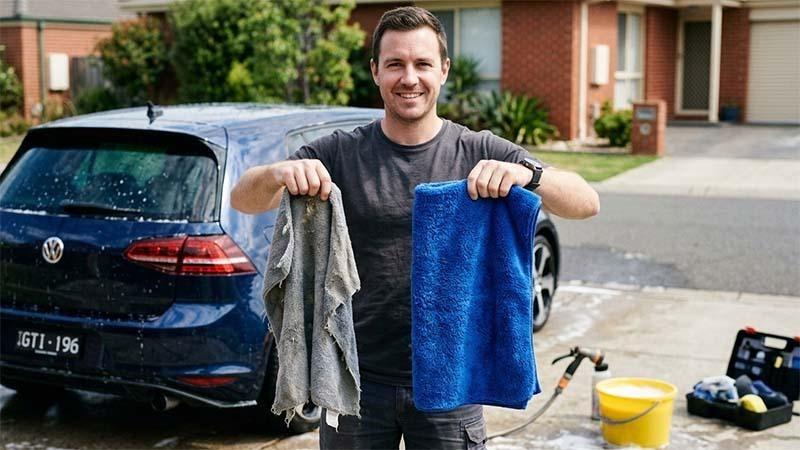 A man with an old and a new high-quality microfiber