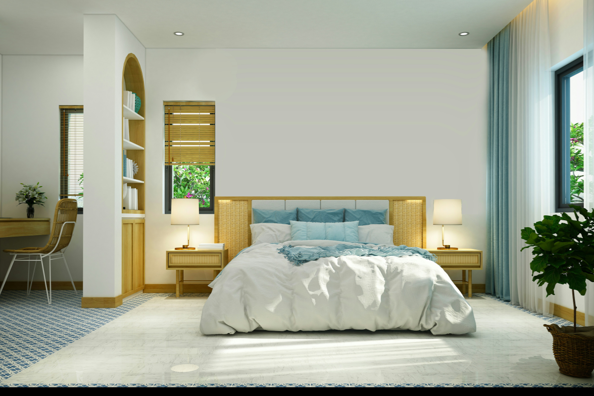 A tranquil sage green bedroom featuring soft bedding and calming decor.