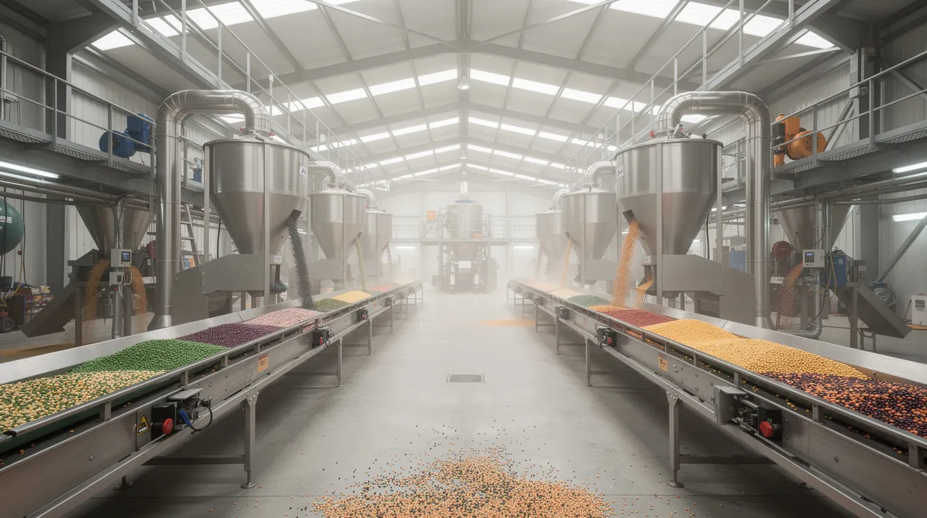 The image depicts the interior of a large dal mill processing facility, showcasing industrial machinery, conveyors, and metal hoppers dedicated to processing pulses. This environment reflects efficient operations and the entire process involved in the milling of dal, which plays a crucial role in meeting the rising demand for quality pulses in local markets.