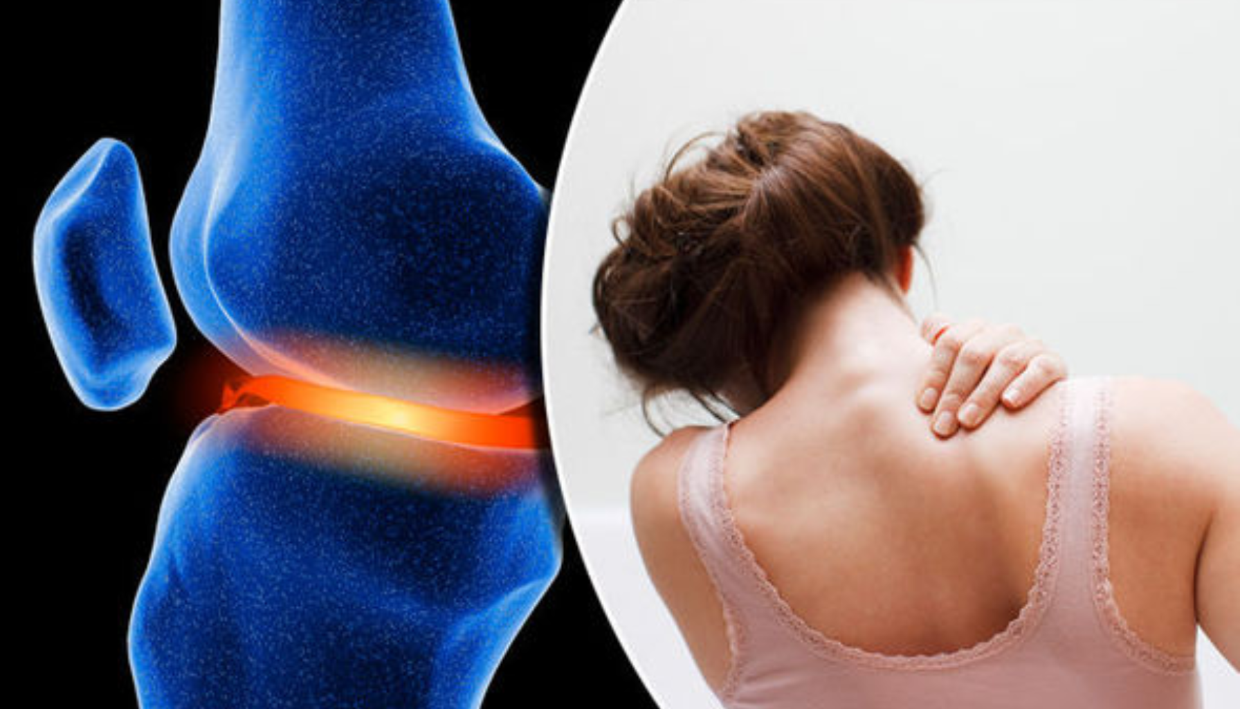 "Smertefullt kneledd illustrasjon med en kvinne som holder nakken, viser leddsmerter og ubehag."