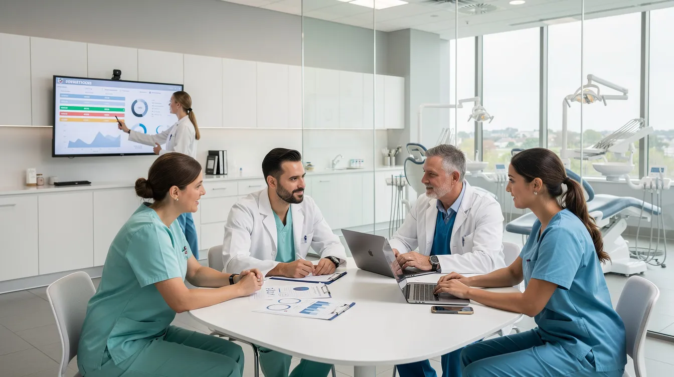 A dental team is gathered in a modern office, collaboratively reviewing their operations to enhance patient care and streamline billing processes. The focus is on improving financial health through effective dental billing services and optimizing practice management software for better patient satisfaction and consistent cash flow.