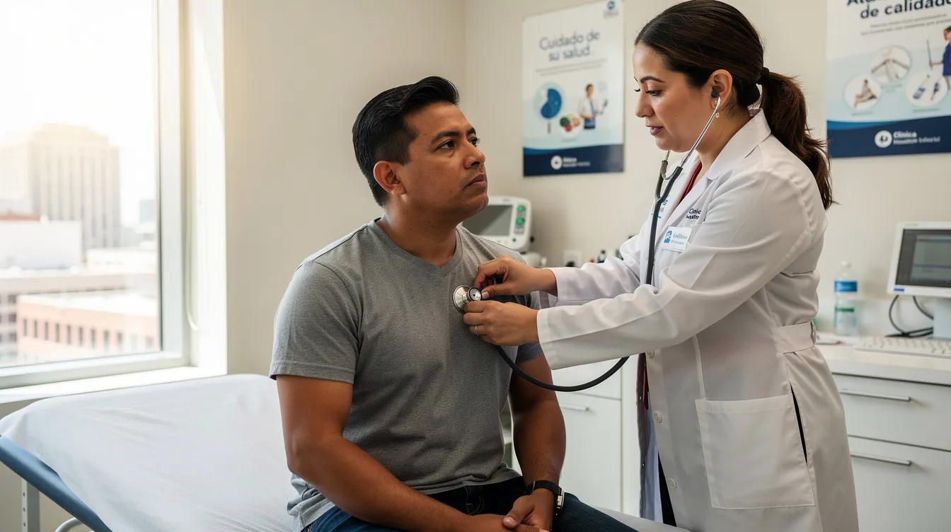 Una persona está recibiendo atención médica en una clínica de Houston, donde se evalúan sus lesiones tras un accidente de resbalón y caída. El ambiente es clínico, con un médico que examina a la víctima y se discuten posibles tratamientos para mejorar su calidad de vida.