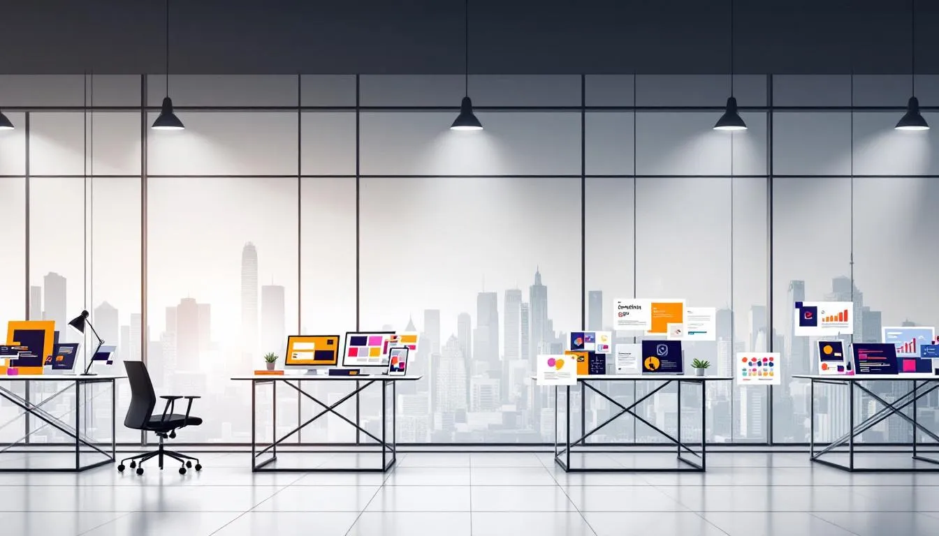 Creative branding designs displayed in an office.