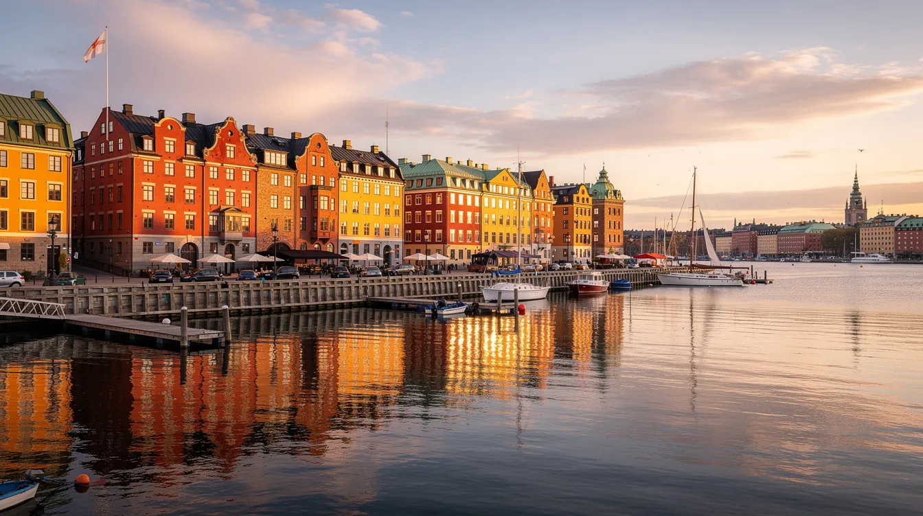 The image depicts a picturesque waterfront in Stockholm, showcasing colorful buildings beautifully reflected in the calm water, embodying the charm of living in Sweden. This scenic view highlights the vibrant atmosphere of the city centre, which attracts many international students and expats drawn to Sweden's exceptional public services and quality of life.