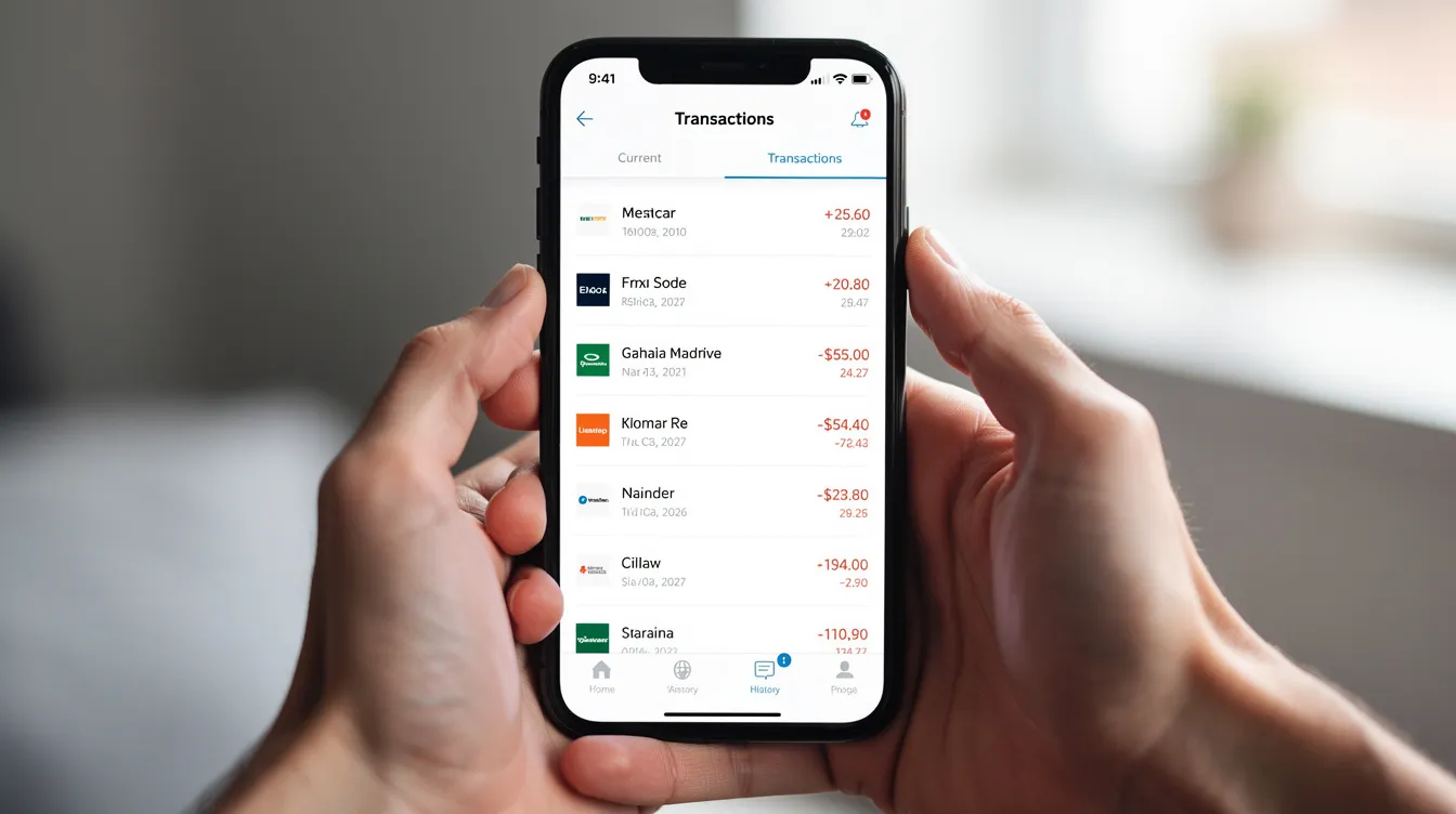 A close-up image shows hands holding a smartphone that displays a banking app, featuring a detailed transaction history along with options for applying for 免 tu 貸款 and checking 信用 評 級. The screen highlights various financial services, including the ability to manage cash flow and access personal financial records.