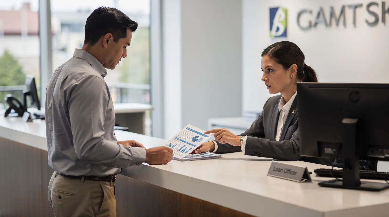 a0dae976 a534 409c 956d c92b461eeec6 An individual is seen reviewing documents at a bank counter with a loan officer, discussing their eligibility for financial assistance under the Pradhan Mantri Mudra Yojana. The scene suggests the applicant has successfully repaid previous loans and is seeking support for income-generating micro enterprises.