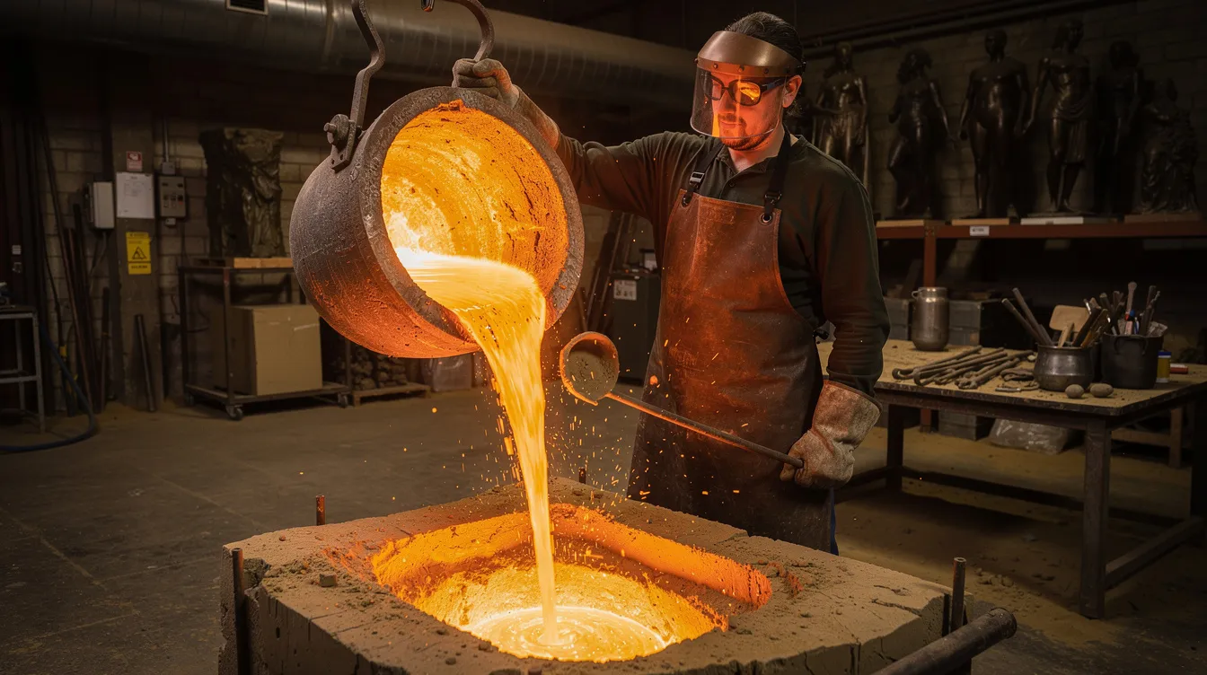 Une fonderie d'art en pleine activité montre un artisan concentré, versant du bronze en fusion dans un moule, créant ainsi une sculpture pop art. L'image capture l'énergie du processus de création, révélant la passion et la précision nécessaires pour donner vie à des œuvres d'art uniques.