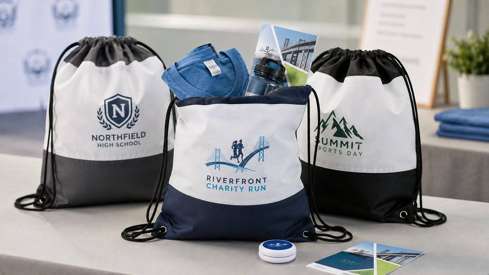 Drawstring backpacks packed with a shirt, water bottle, and event materials