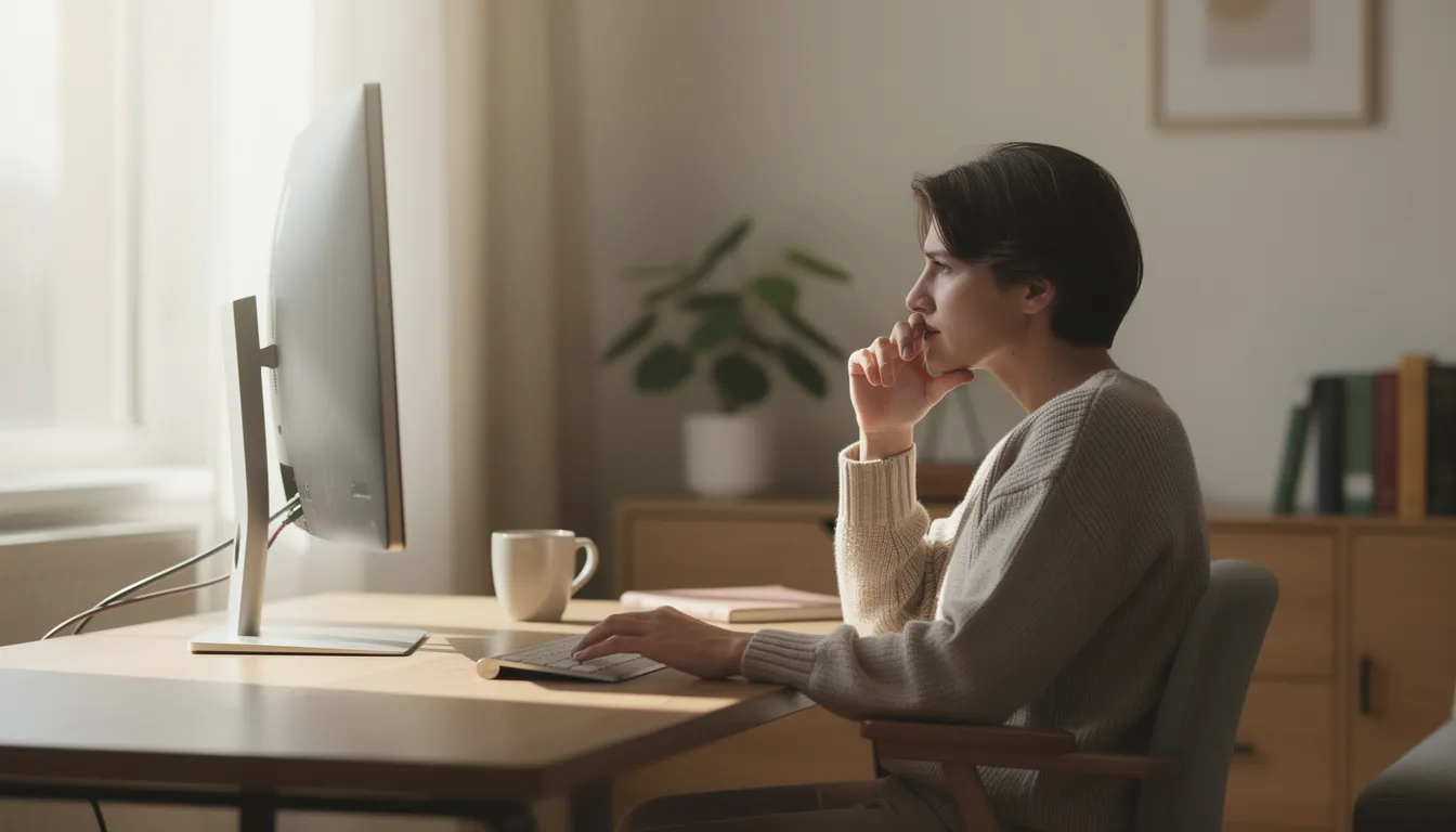A person is sitting in a serene home setting, deeply focused on their computer screen, possibly exploring online casino options or reviewing deposit bonus offers. The calm atmosphere suggests a thoughtful engagement with the digital world, highlighting the importance of responsible gambling practices.