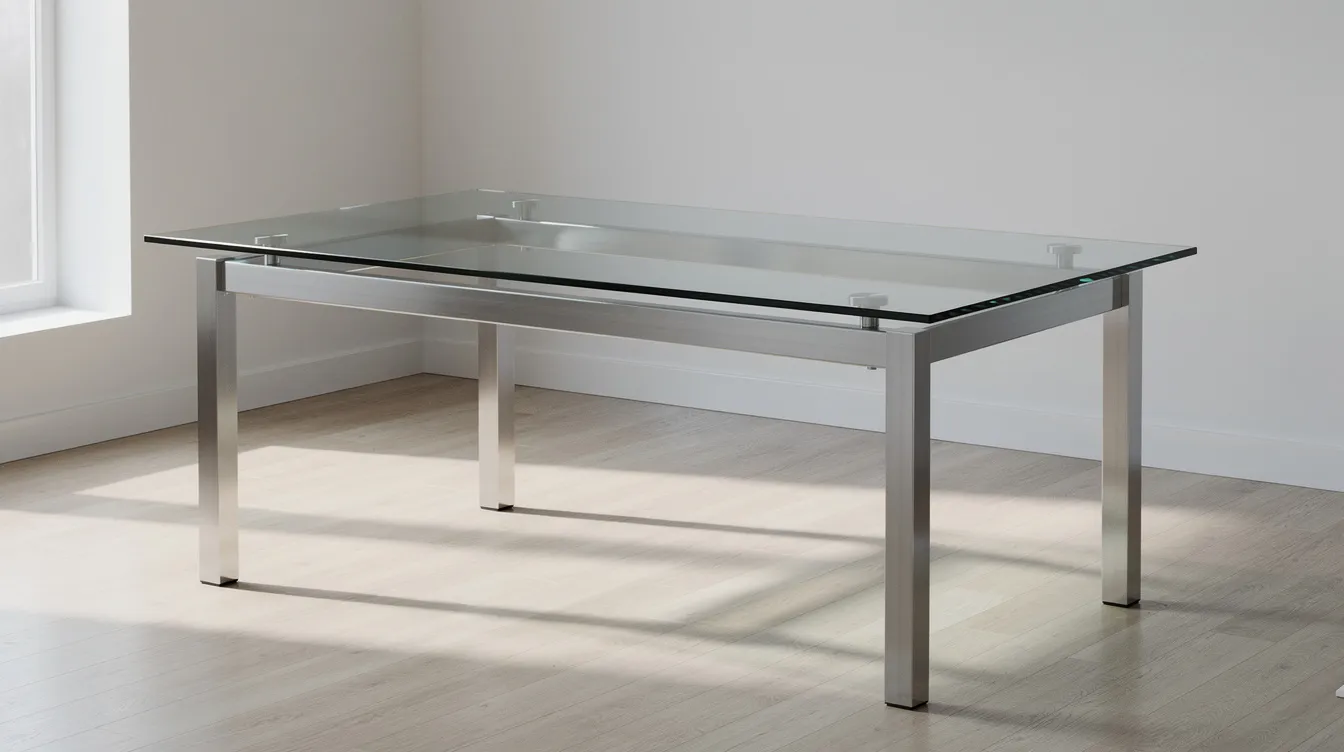 The image shows a modern table made of tempered glass, which is known for its durability and safety features. This type of safety glass is designed to withstand high temperatures and is less likely to break into sharp pieces, making it a secure choice for furniture.