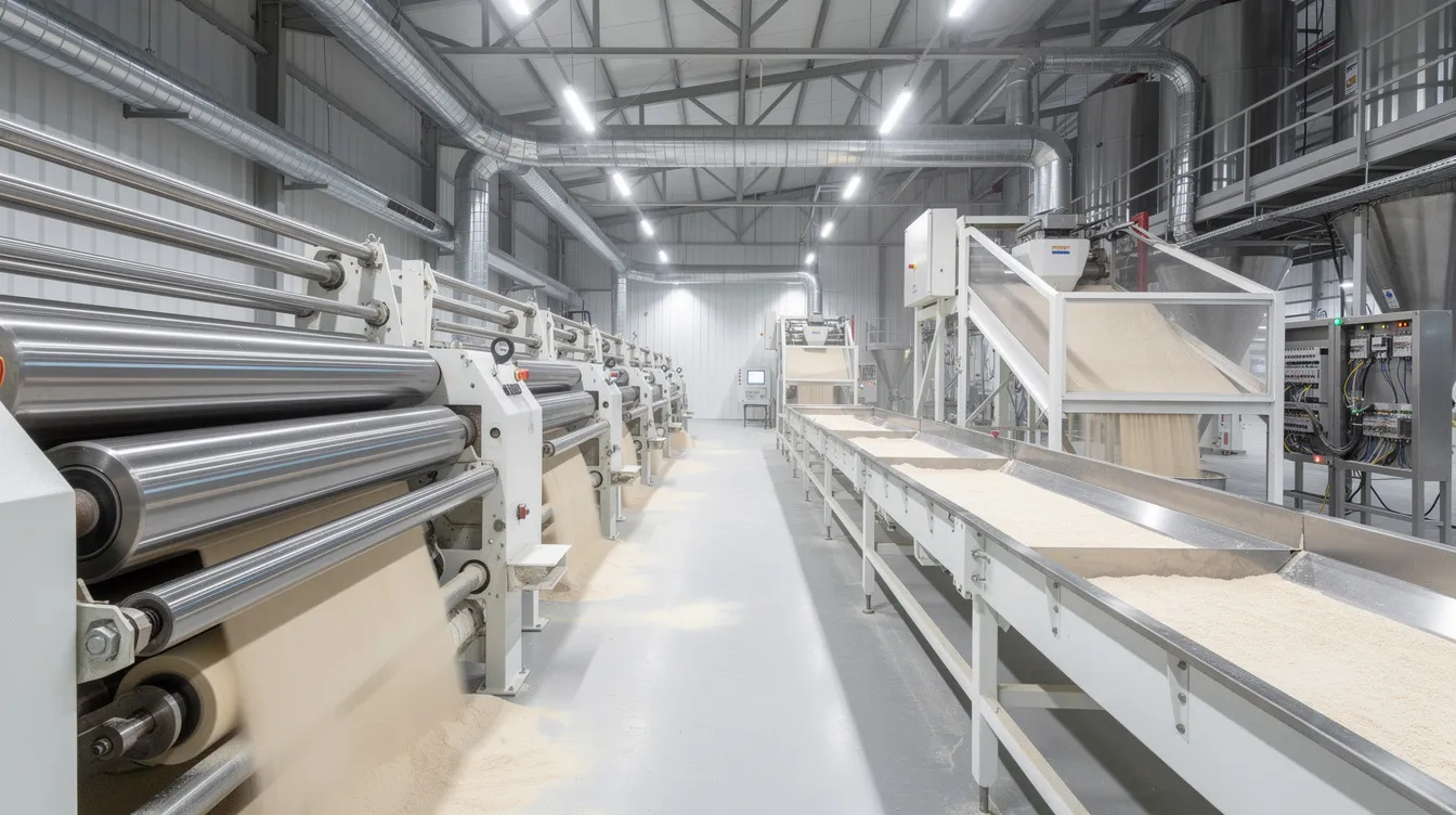 The image depicts industrial roller milling equipment in a flour factory, featuring metal rollers and conveyor systems designed for the milling process. This setup is essential for producing various types of wheat flour, such as bread flour and cake flour, ensuring consistent flour quality for commercial bakeries.