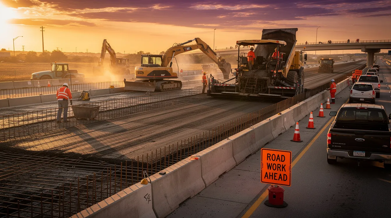 A construction crew is actively working on highway infrastructure along a Texas corridor during sunset, highlighting their dedication to current and future projects in the construction industry. The scene captures the teamwork and effort involved in managing a healthy construction backlog while contributing to essential infrastructure investment.