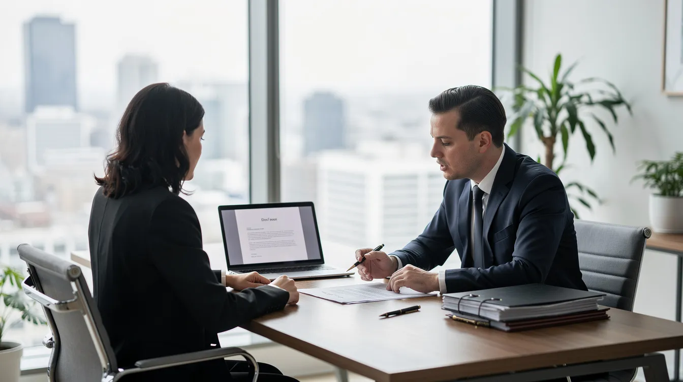 The image depicts a professional legal consultation taking place in a modern office, where a medical malpractice attorney is discussing complex medical cases with a client. The setting conveys a sense of professionalism and trust, emphasizing the importance of legal guidance in navigating medical malpractice claims.