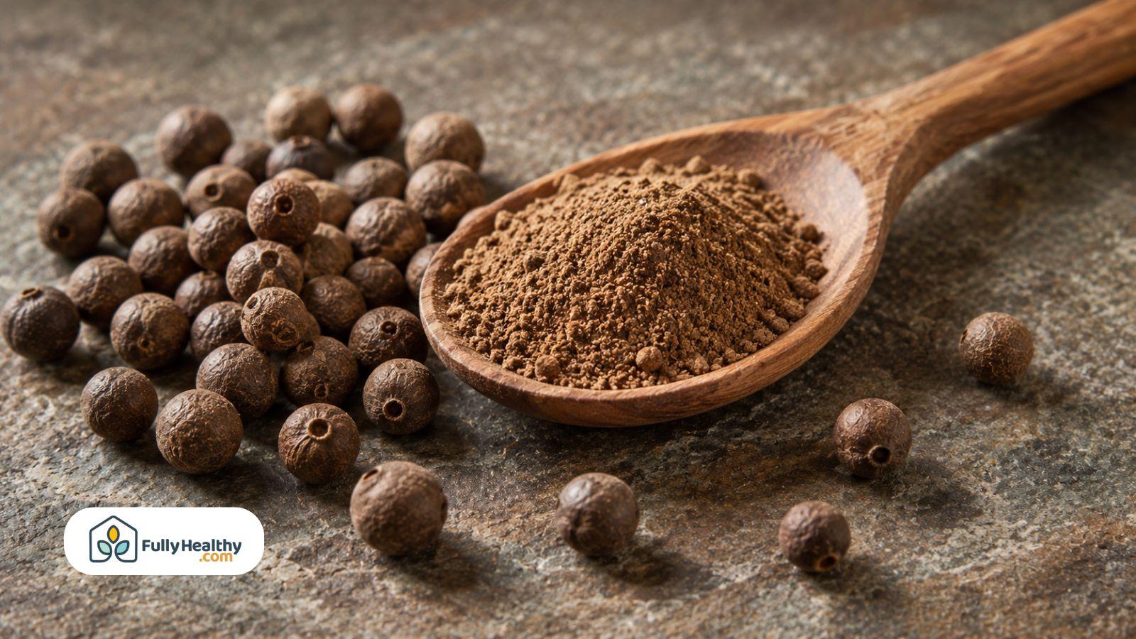 Whole allspice berries beside ground allspice in wooden spoon