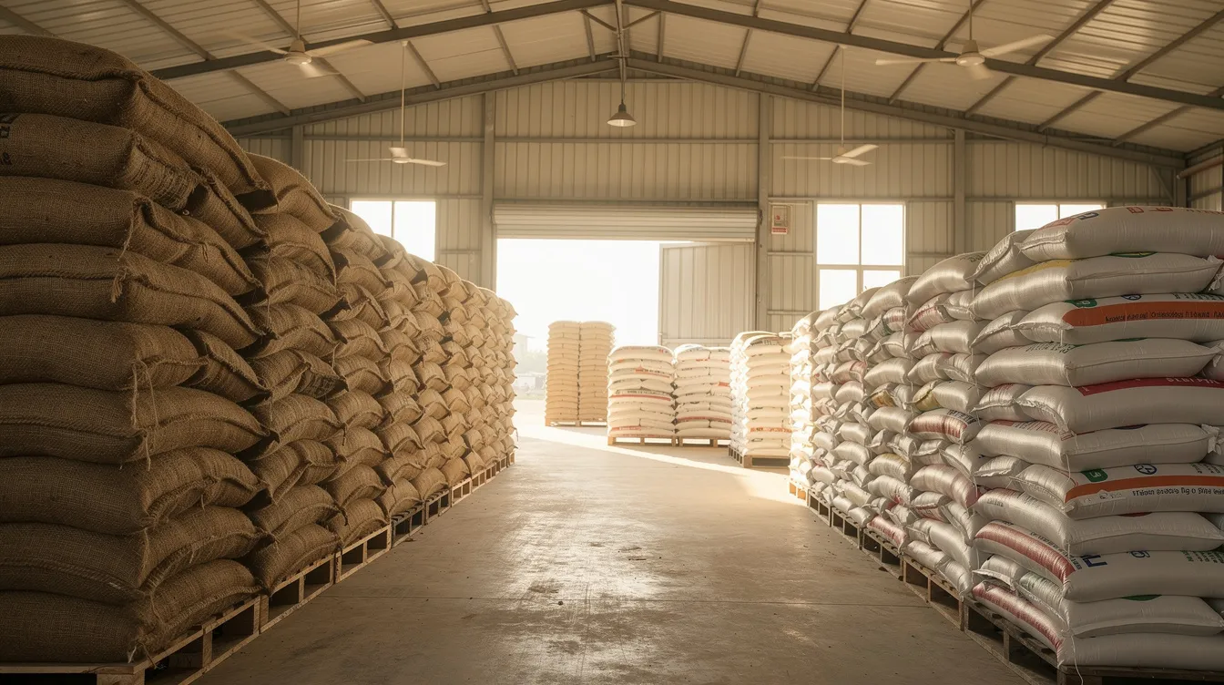 The image depicts a clean Indian warehouse filled with neatly stacked jute and polypropylene bags of grain, illuminated by natural light. This setting reflects the organized environment of a besan manufacturing plant, showcasing the importance of high-quality raw materials in the food processing industry.