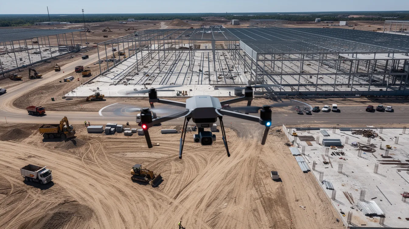 An aerial view captures a drone flying over a large commercial construction site, showcasing heavy equipment, graded earth, and steel framing under a clear blue sky. This scene reflects the essential elements of project controls in the construction industry, highlighting the coordination and resource management required for successful project delivery.
