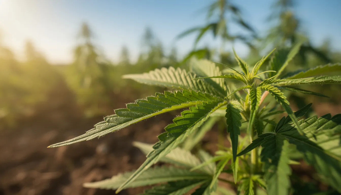 The image features a close-up of vibrant green hemp plants thriving in a sunny field, showcasing their healthy leaves and stems. These cannabis plants are known for their potential therapeutic benefits, including their role in supporting the body's endocannabinoid system and providing anti-inflammatory properties.