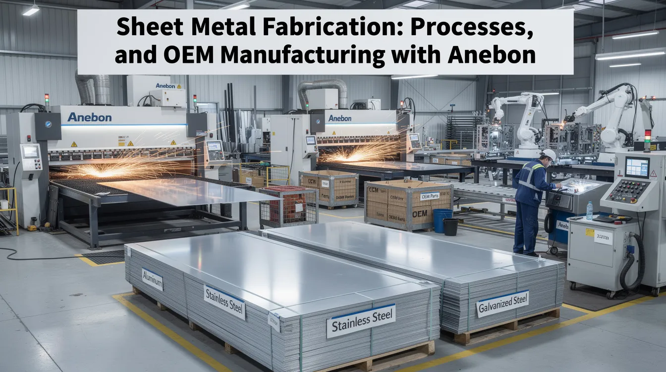 The image depicts various stages of the sheet metal fabrication process, showcasing flat metal sheets being transformed into complex shapes using techniques like laser cutting and metal bending. Additionally, it highlights the use of high-quality materials such as stainless steel and galvanized steel, emphasizing the importance of corrosion resistance and custom sheet metal components for diverse manufacturing needs.