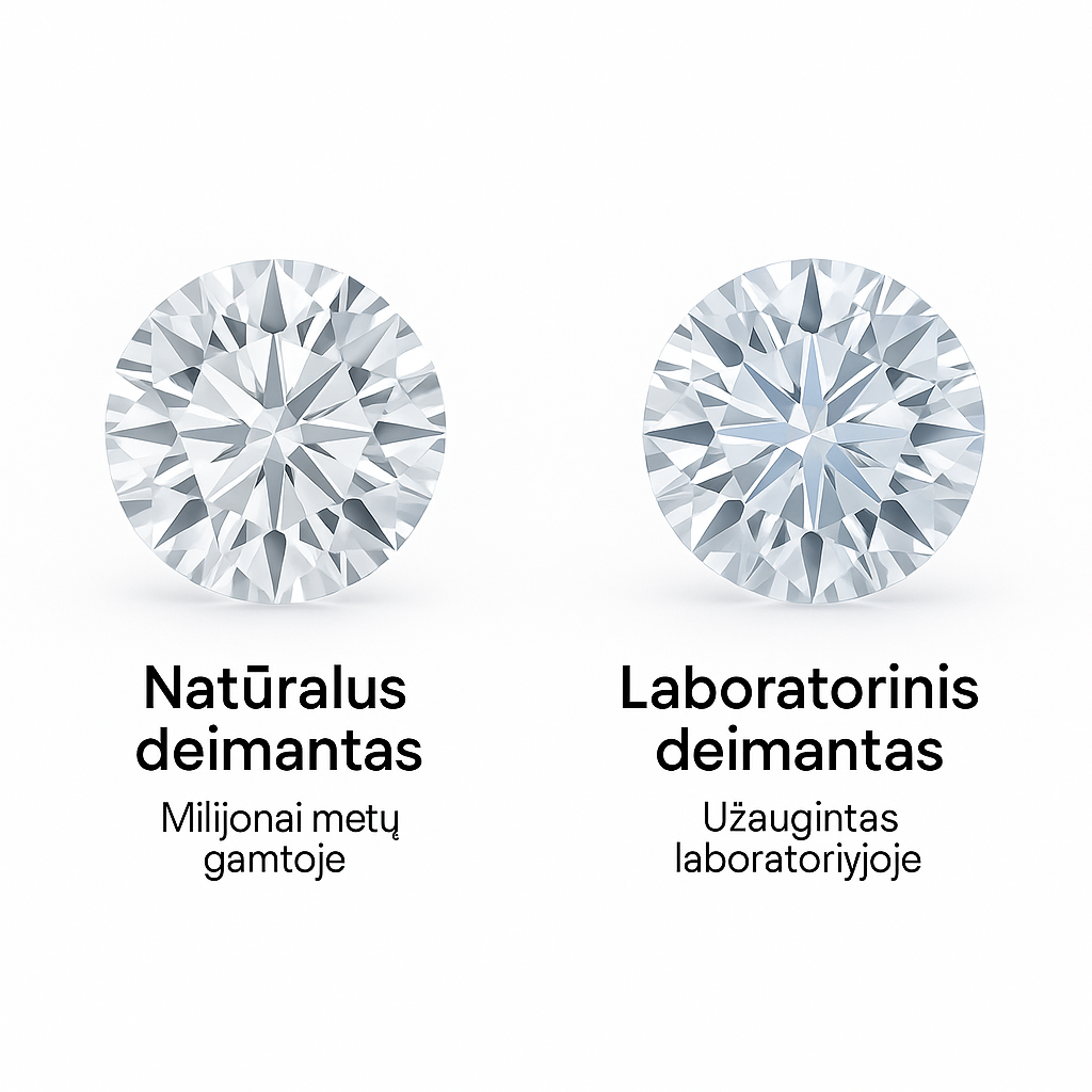 Natūralus deimantas ir laboratorinis deimantas – du identiški apvalūs briliantai palyginimui ant balto fono