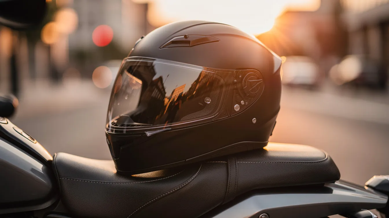 A close-up of a motorcycle helmet resting on a motorcycle seat, illuminated by warm sunlight, symbolizes the importance of safety for motorcycle riders. This image highlights the protective gear essential for preventing serious injuries in motorcycle accidents, which can lead to traumatic brain injuries and other life-changing consequences.