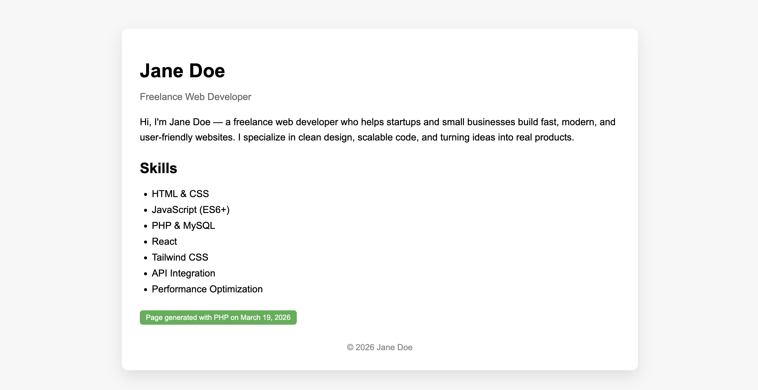 Example PHP page displayed on the InfinityFree subdomain.