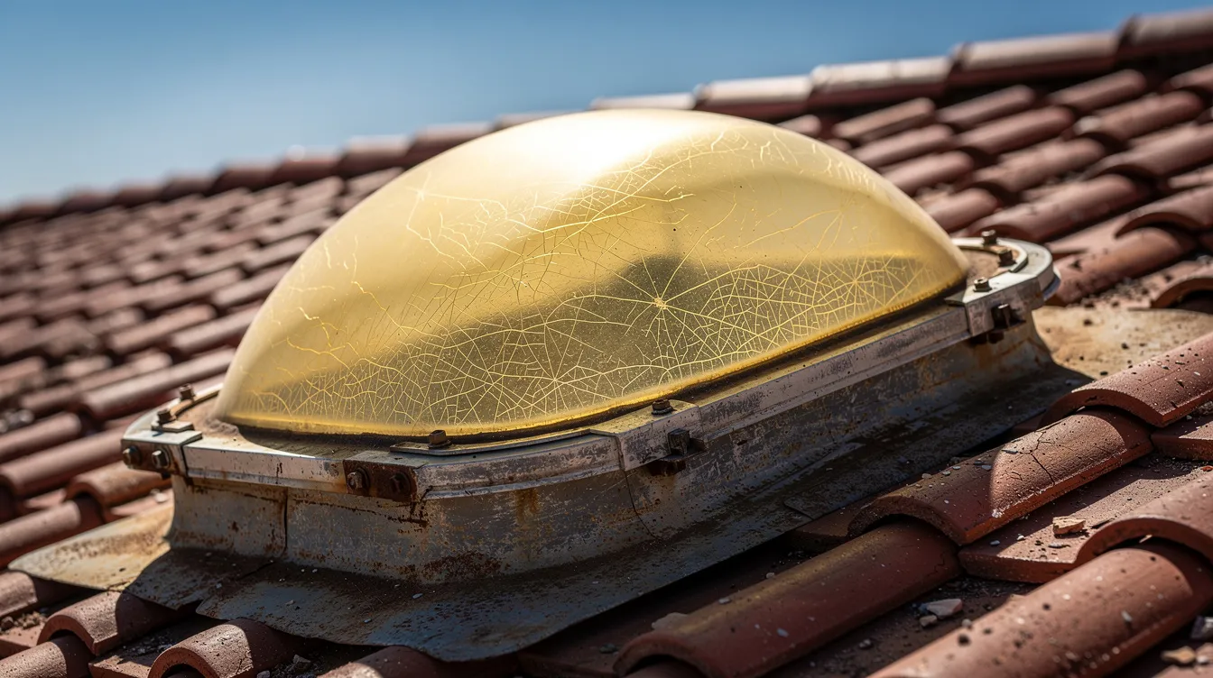 The image shows a close-up of a yellowed and crazed acrylic dome skylight installed on a clay tile roof, illuminated by bright Arizona sunshine. The damaged skylight glass exhibits signs of wear, suggesting potential issues such as leaks or improper installation that may require professional skylight leak repair.