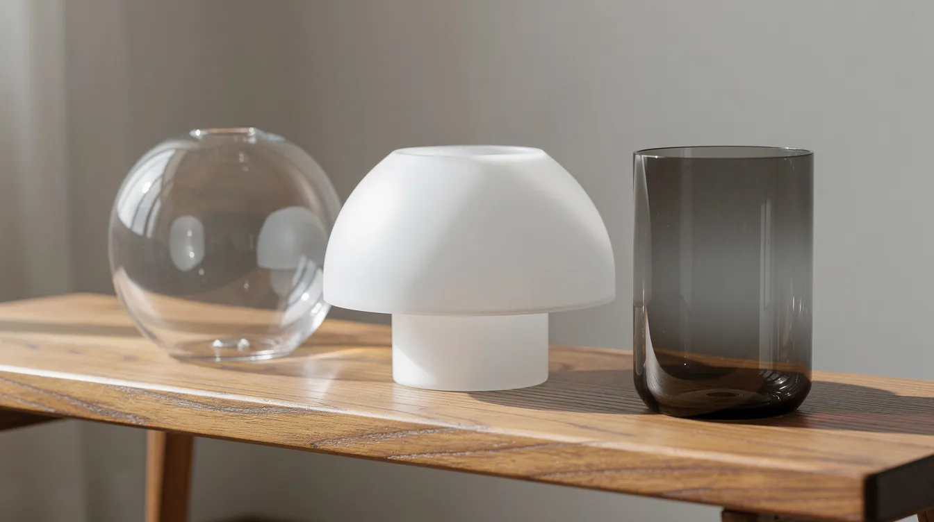 En närbild visar tre olika lampskärmar i glas placerade på en träbänk: en klar glob, en opalvit skomakarskärm och en rökfärgad cylinder. Dessa skärmar representerar olika stilar och färger, vilket ger en intressant variation för belysning.