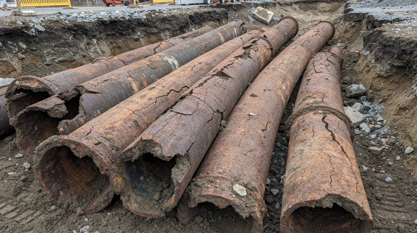The image shows old, corroded cast iron and clay sewer pipes that have been removed from the ground during a sewer line replacement project. These damaged sewer pipes highlight common sewer line problems, including corrosion and potential leaks, which can lead to serious health risks and costly repairs if not addressed.