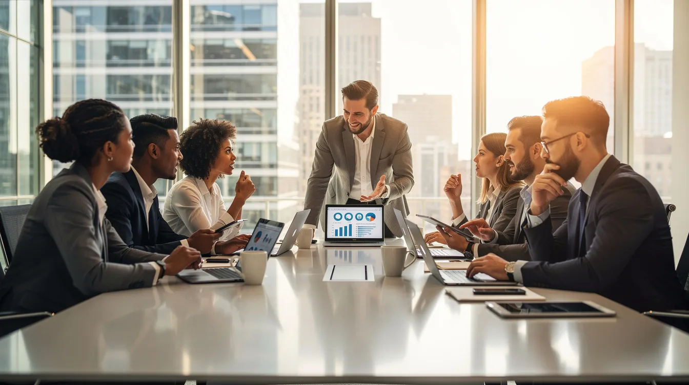 The image depicts a diverse group of professionals engaged in collaboration around a conference table, each using laptops. They are likely discussing strategies related to cybersecurity, reflecting the teamwork essential in the Dow Cyber Apprenticeship Program aimed at filling cyber talent gaps and enhancing skills in cyber defense and threat analysis.
