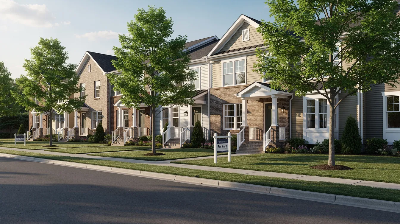 The image depicts a row of well-maintained townhomes on a tree-lined street, showcasing attractive rental investment properties. These homes represent opportunities for real estate investors to generate rental income and leverage their property's equity for financial growth.