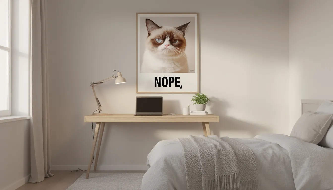 A grumpy cat poster from Trends International hangs on a bedroom wall above a desk, featuring high-resolution artwork that adds a touch of personality to the neutral decor. The poster, printed on acid-free paper with archival inks, is a perfect piece for easily decorating kids