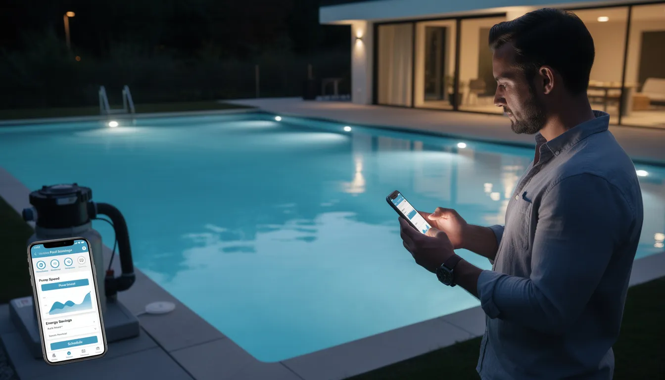 A pool owner is using a mobile app to monitor and adjust the settings of their energy efficient pool pump, specifically a variable speed model, to optimize energy savings and reduce energy costs associated with their swimming pool. The app allows for control over the pump's flow rate, contributing to lower operating costs and enhanced energy efficiency.