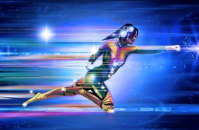 A graphical image of a female superhero traveling through space. 