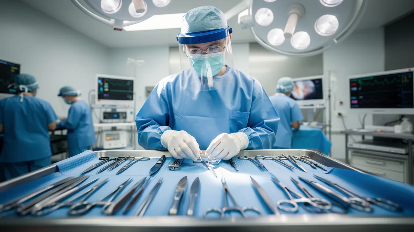 The image shows a surgeon in an operating room, meticulously preparing sterile instruments for a procedure, possibly related to breast implant removal. The environment is clinical and organized, highlighting the importance of safety and precision in surgeries addressing breast implant illness symptoms.