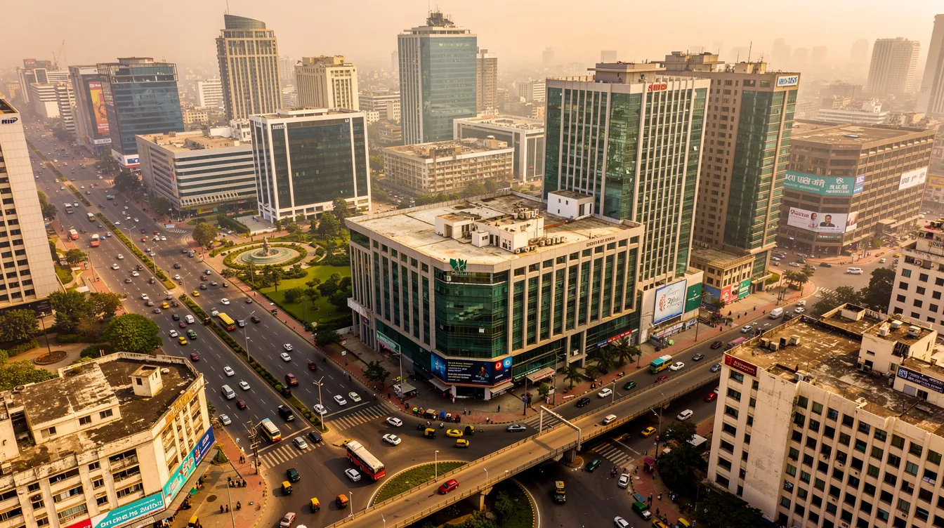 a0f569b3 1460 4d5c af83 4f5acc969f08 An aerial view of a bustling Indian business district showcases a variety of commercial buildings and busy roads, highlighting the potential for a hotel project in the area. This image reflects the market trends and demand analysis crucial for a comprehensive hotel feasibility study in the hospitality industry.