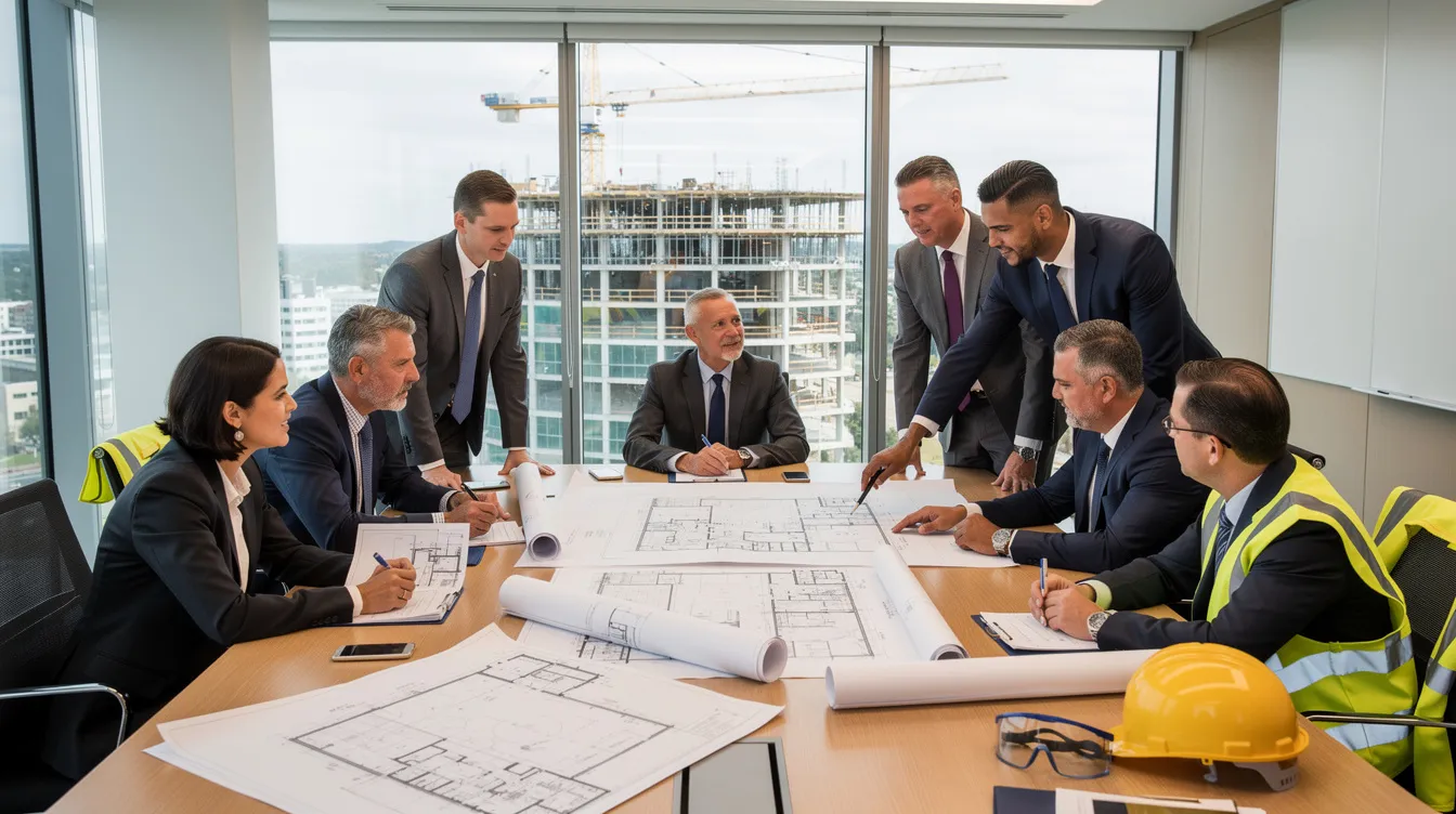 Construction executives in a conference room reviewing project documents and blueprints.