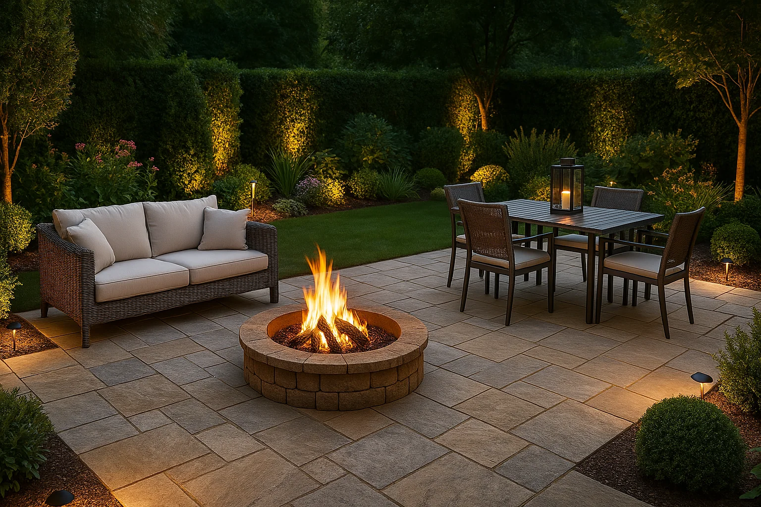Elegant stone patio with a built-in fire pit, outdoor dining furniture, and garden lighting — designed for entertaining in a UK-style garden.

