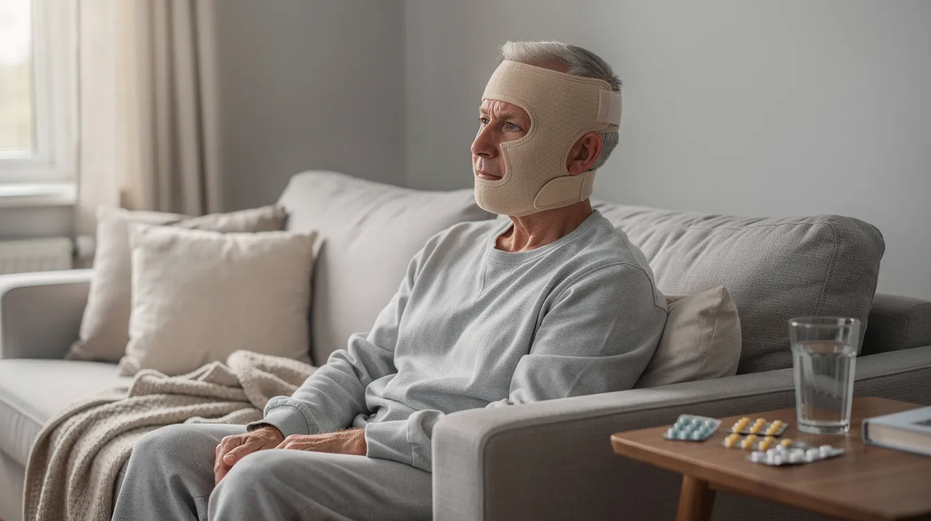 Una paciente se encuentra en casa usando una banda de compresión facial durante su proceso de recuperación tras una cirugía de liposucción de papada. La banda ayuda a moldear el contorno del cuello y a reducir la flacidez en la zona del mentón, mejorando su apariencia postoperatoria.