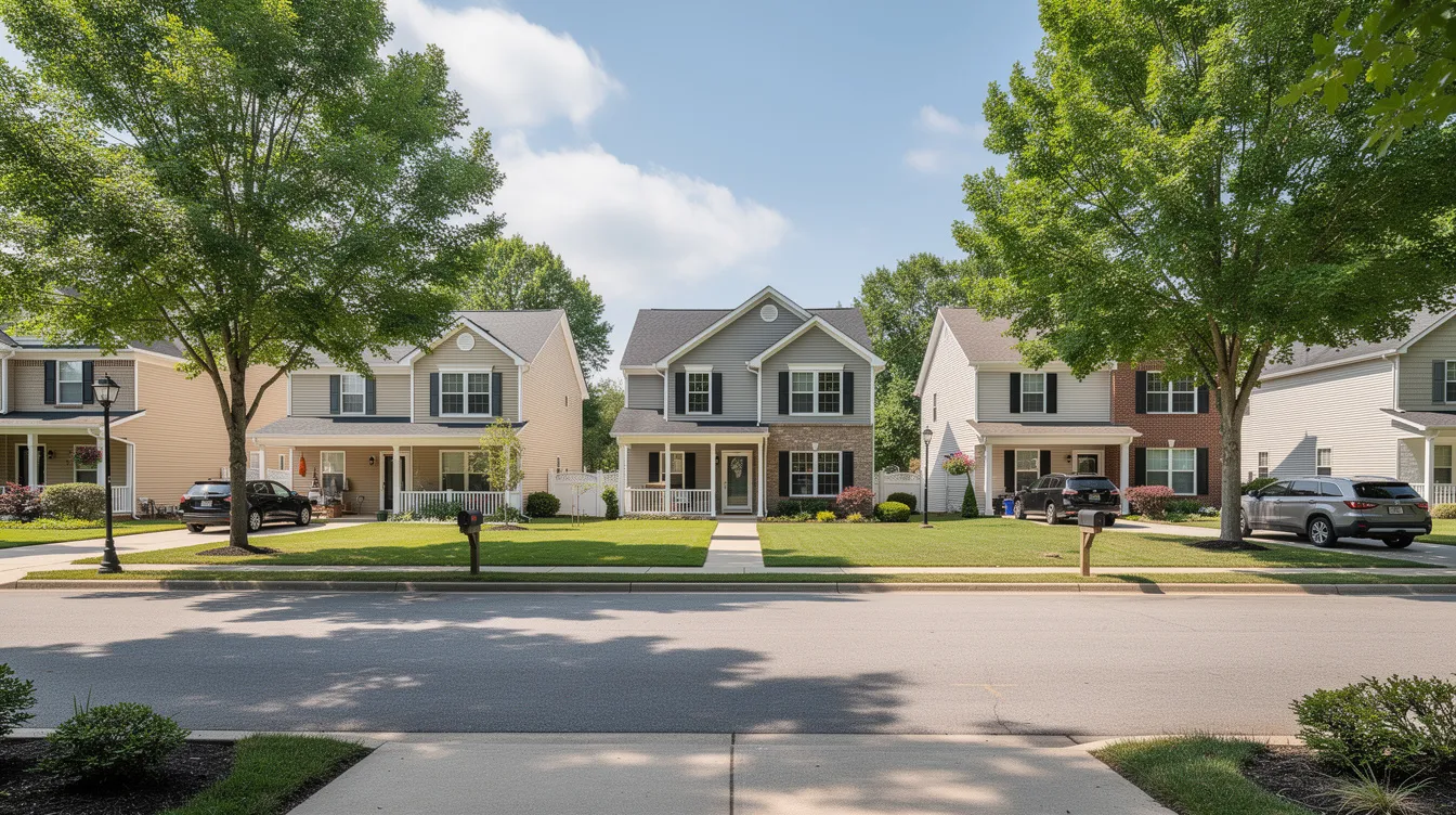 The image depicts a row of charming suburban homes lined along a tree-filled street, showcasing a peaceful neighborhood atmosphere. These homes represent potential opportunities for home equity loans or lines of credit, which can be useful for home improvements or unexpected expenses.