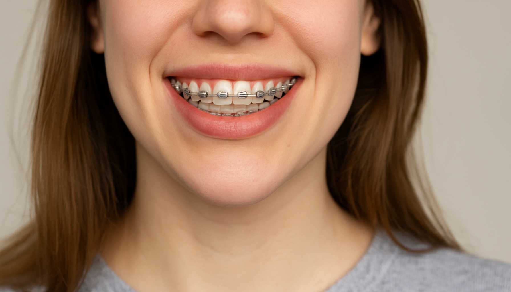 Nærbilde av ung kvinne med regulering som smiler, viser tannreguleringens utforming og plassering på fortennene.