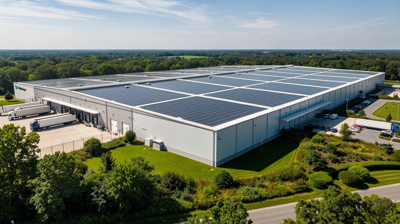 The image depicts a large industrial manufacturing warehouse featuring rooftop solar panels, surrounded by lush greenery, highlighting the integration of renewable energy and sustainable practices in the metal fabrication industry. This setup emphasizes the importance of reducing carbon emissions and conserving energy while showcasing eco-friendly practices in manufacturing facilities.