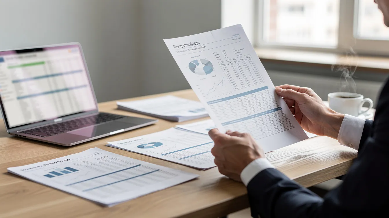 A person is sitting at a clean wooden desk, reviewing financial documents while using a laptop and sipping coffee. The scene reflects a thoughtful approach to developing a personalized financial strategy, emphasizing the importance of planning for future financial goals and investments.