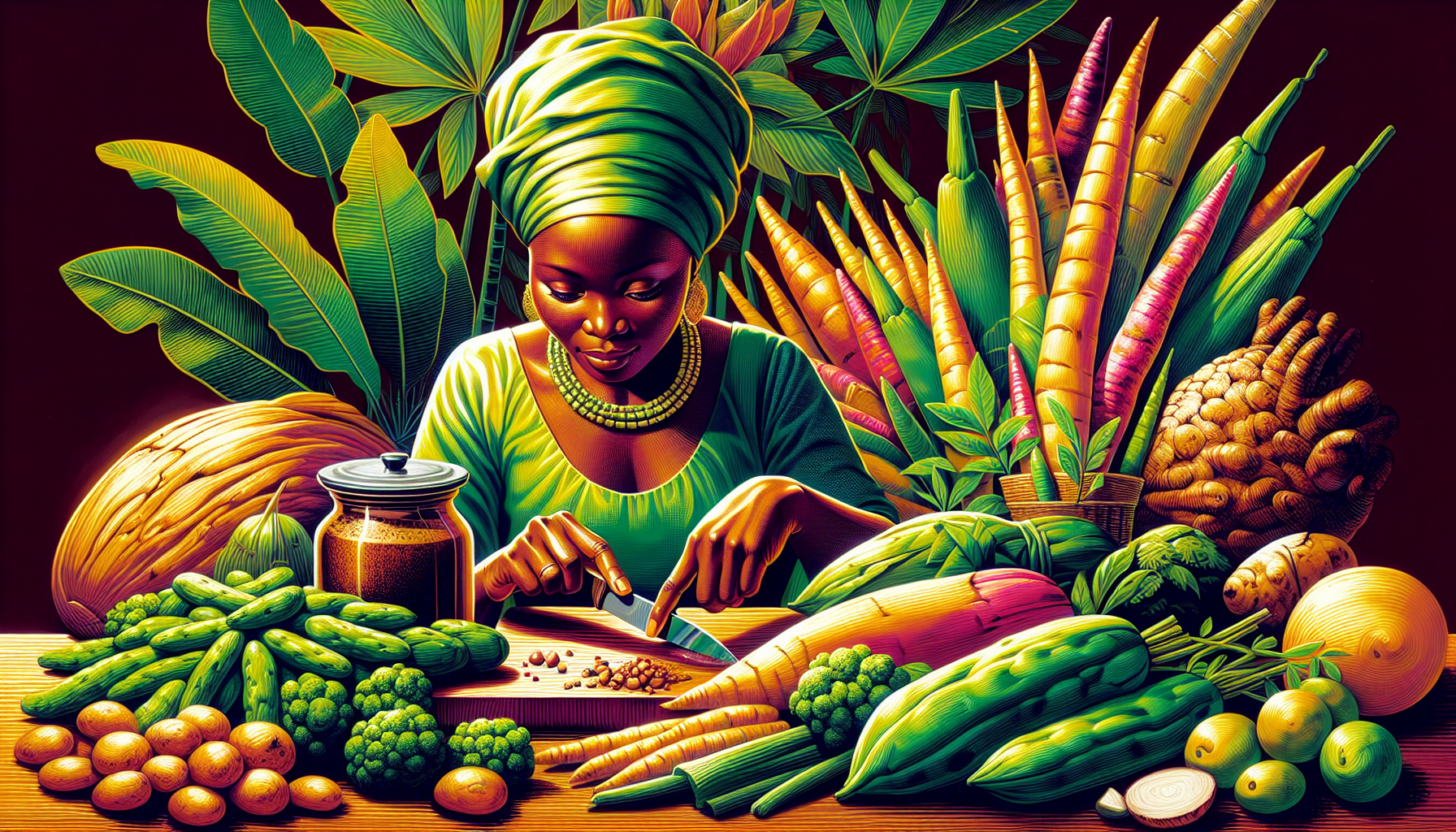 A captivating illustration of a woman preparing traditional Congolese vegetable dishes using fresh produce and traditional cooking methods