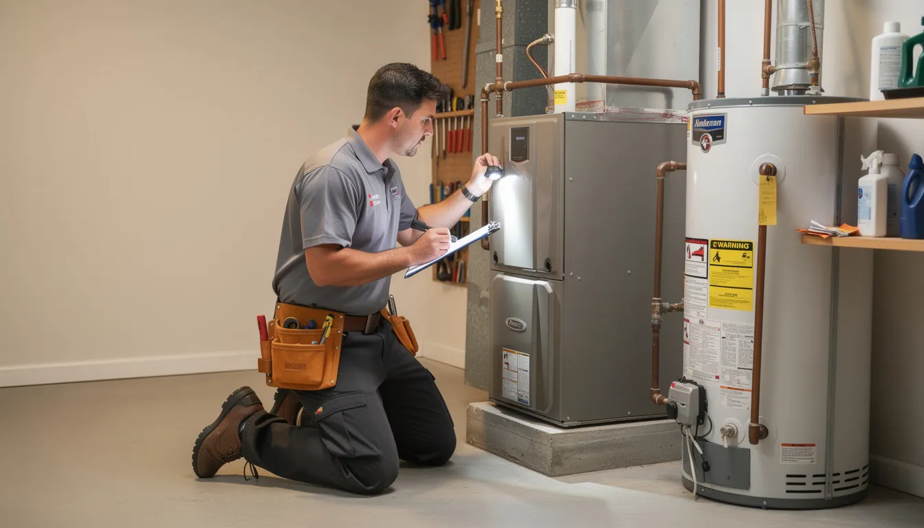 A service technician is inspecting a water treatment system in a utility room, checking the water filtration systems and ensuring the quality of drinking water. The technician is focused on maintaining the equipment, which includes a water softener and hot water heater, to prevent future water problems for the homeowners.