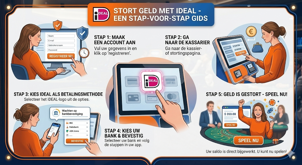 Stap-voor-stap gids voor geld storten bij een online casino met iDEAL, waarbij Nederlandse spelers een account aanmaken, iDEAL als betaalmethode selecteren, hun Nederlandse bankrekening bevestigen en een instant payment storting doen bij een legaal Nederlands online casino met veilige bankomgeving.