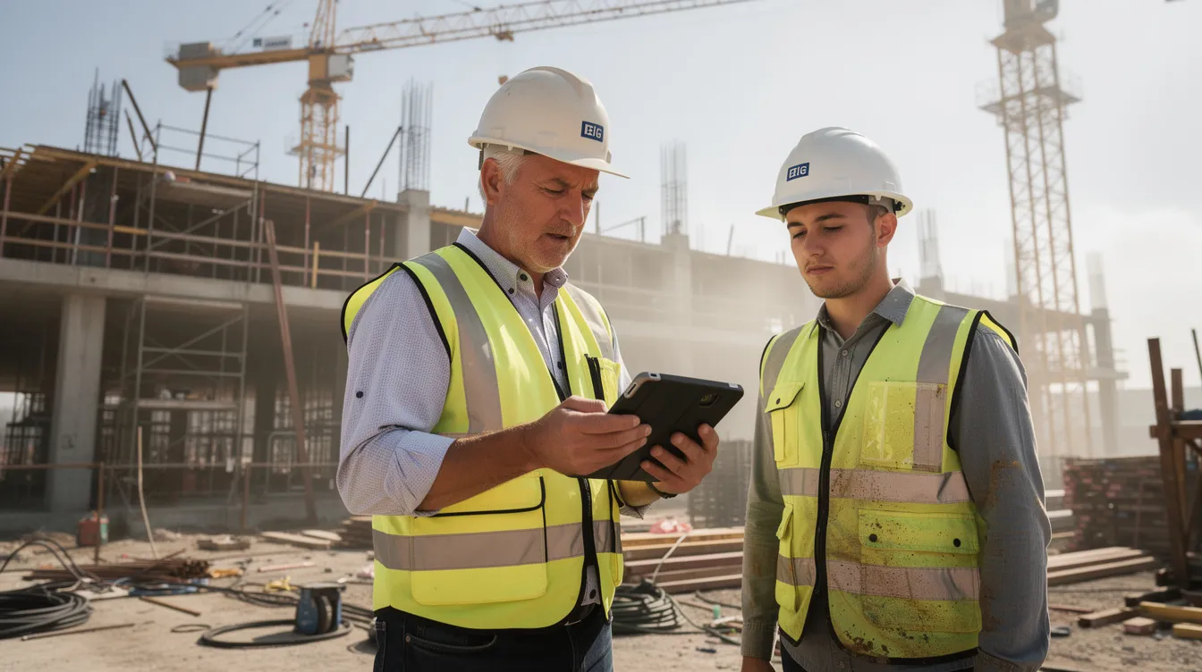 A supervisor reviewing the progress of apprentices on a tablet at a construction site, utilizing a mobile OJT hours tracking app.