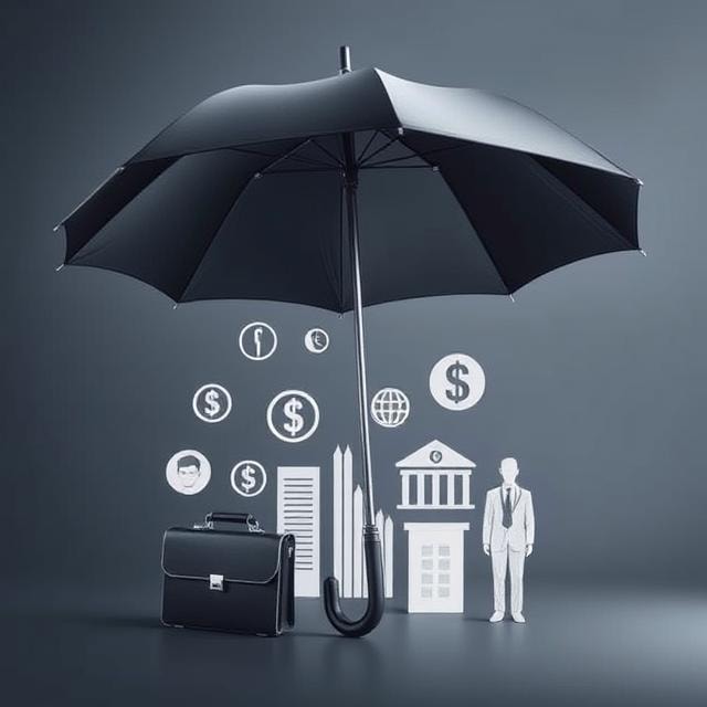 Happy business owner standing confidently inside a shield graphic, symbolizing protection with small business insurance coverage