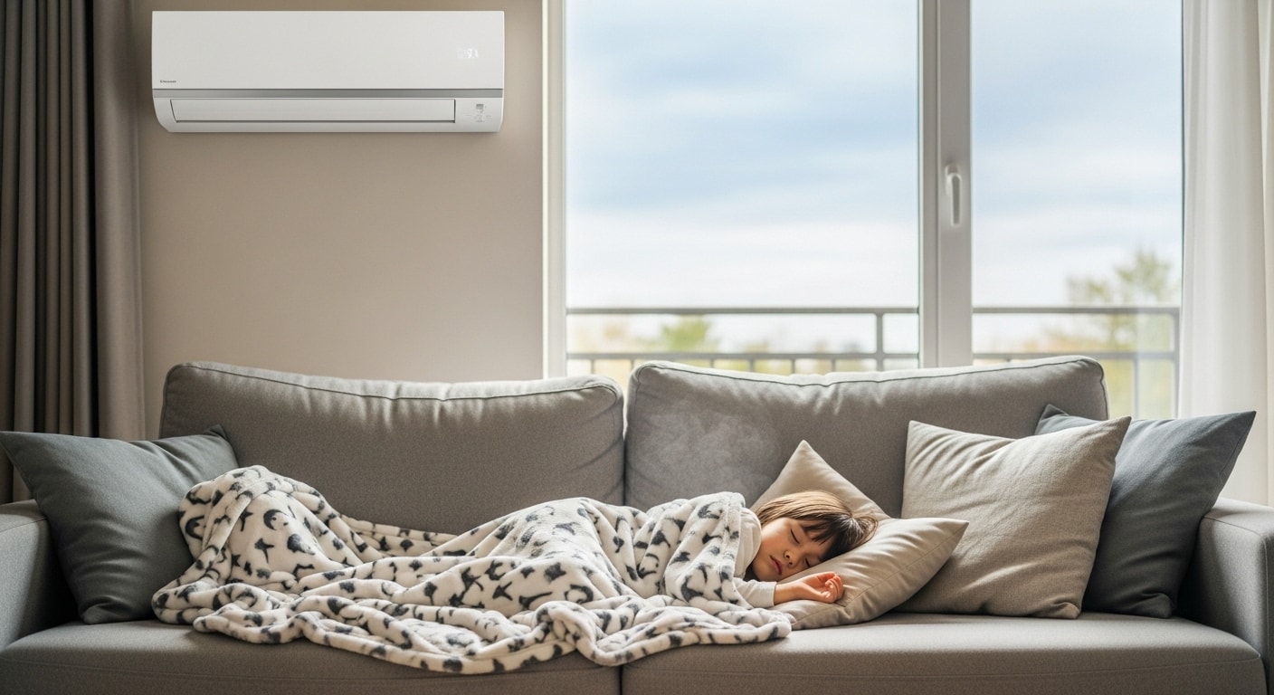 Ett barn sover lugnt under en filt i ett svalt och modernt vardagsrum med väggmonterad ac villa. 